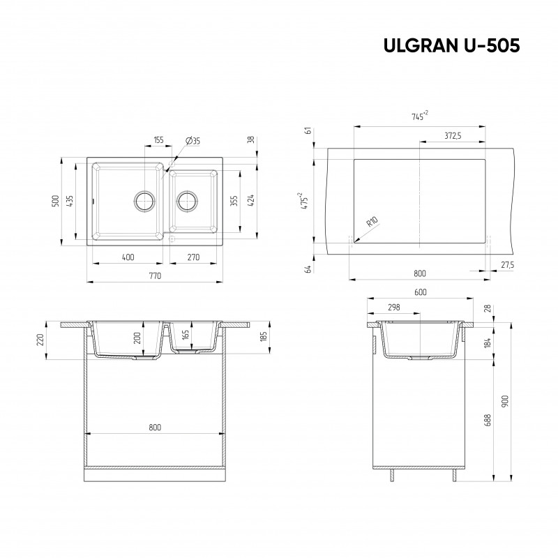Кухонная мойка двухсекционная 77х50см антрацит ULGRAN Classic U-505-343