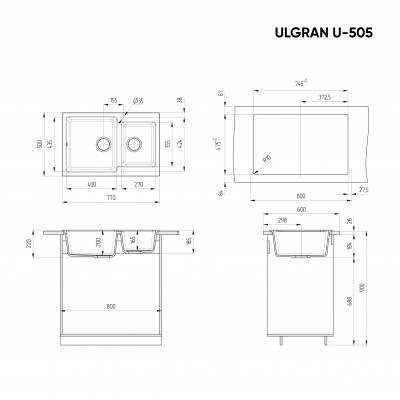 Кухонная мойка двухсекционная 77х50см темно-серая ULGRAN Classic U-205-309