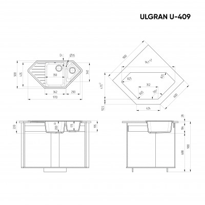 Кухонная мойка угловая 97х50см белая ULGRAN Classic U-409-331