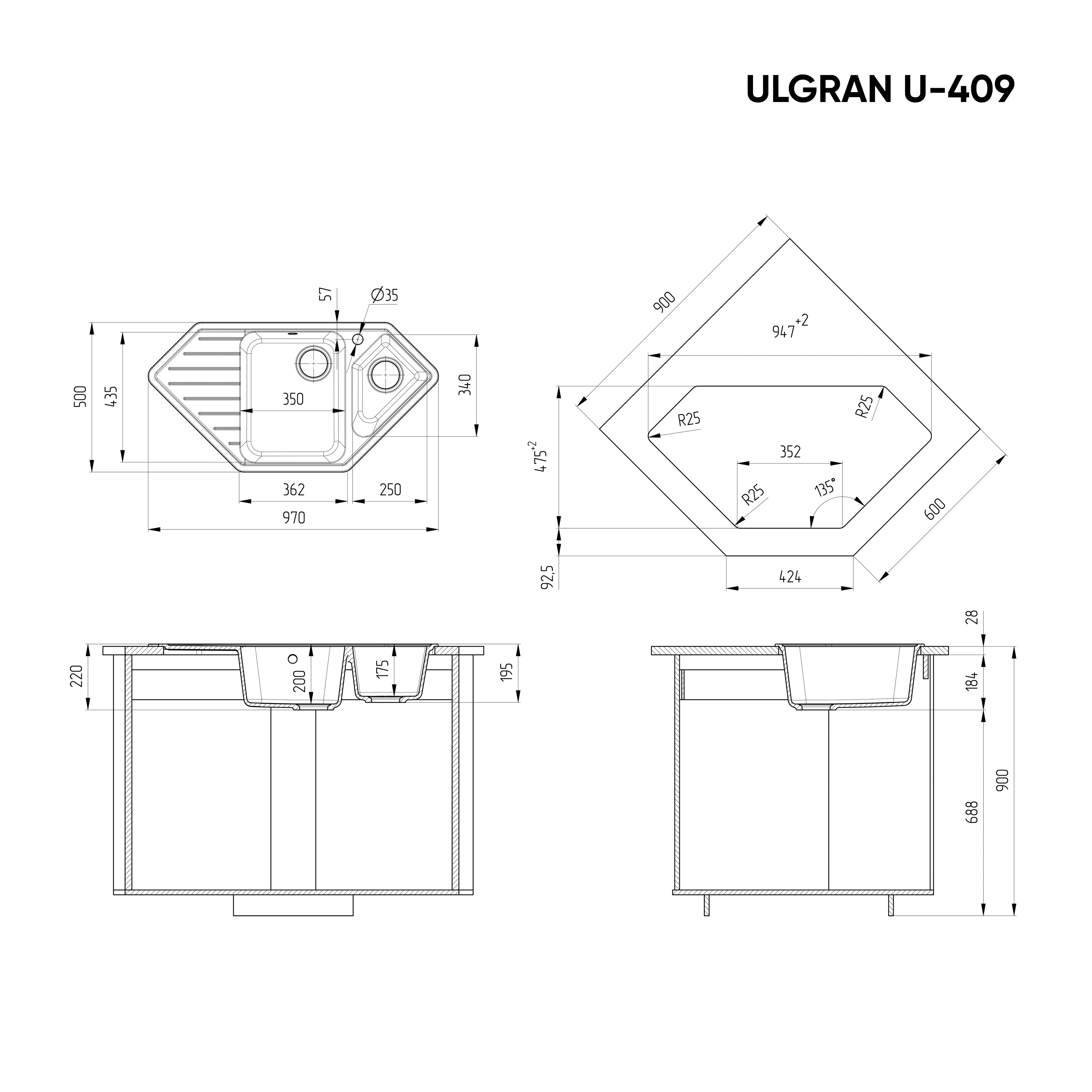 Кухонная мойка угловая 97х50см белая ULGRAN Classic U-409-331