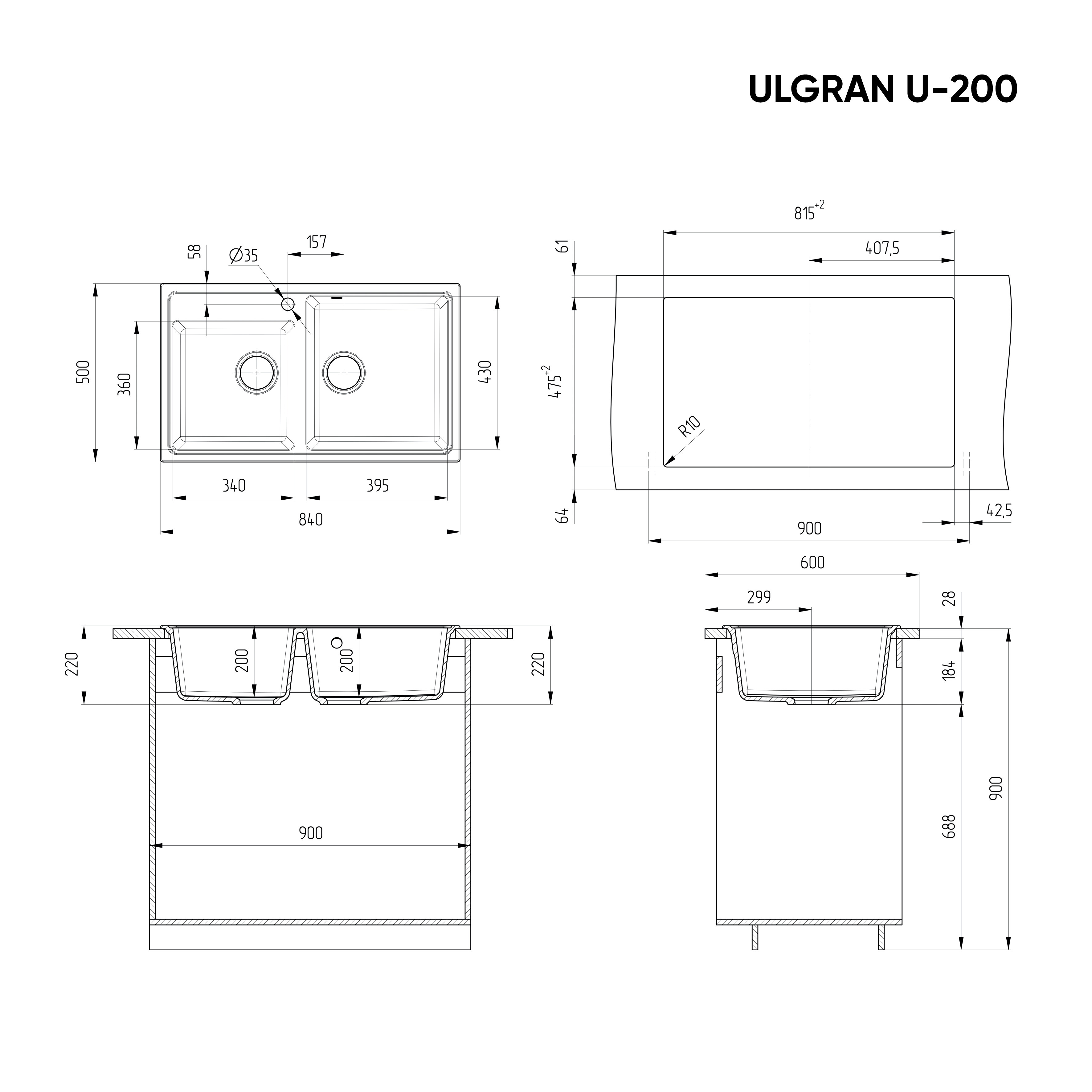 Кухонная мойка двухсекционная 84х50см ультра черная ULGRAN Classic U-200-344