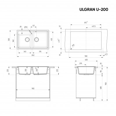 Кухонная мойка двухсекционная 84х50см антрацит ULGRAN Classic U-200-343