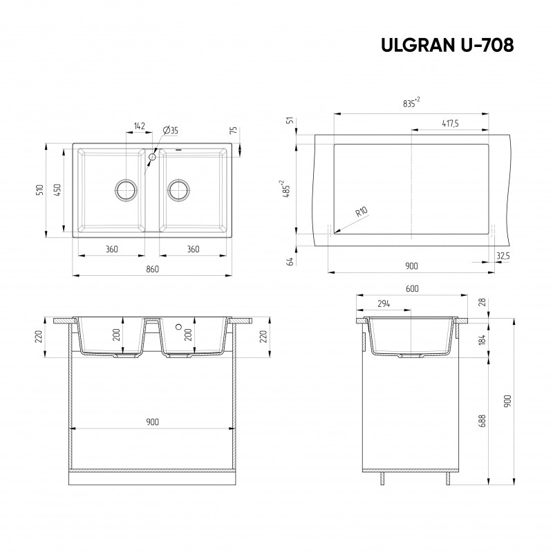 Кухонная мойка двухсекционная 86х51см черная ULGRAN Classic U-708-308