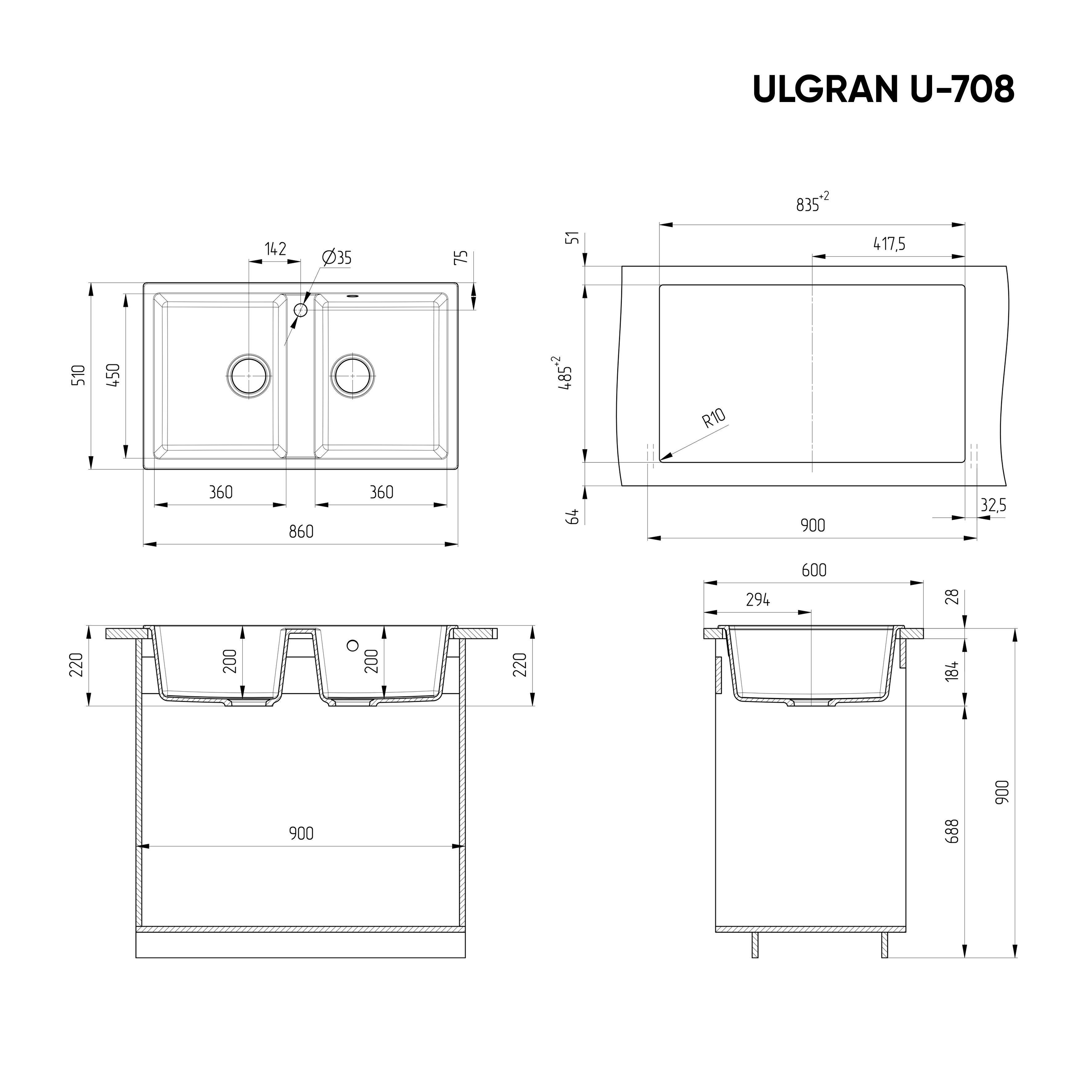 Кухонная мойка двухсекционная 86х51см графит ULGRAN Classic U-708-342