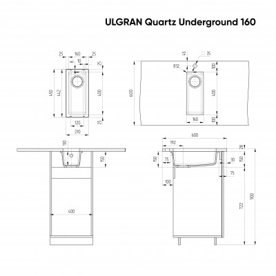 Кухонная мойка 21х45см лен ULGRAN Quartz 160-02