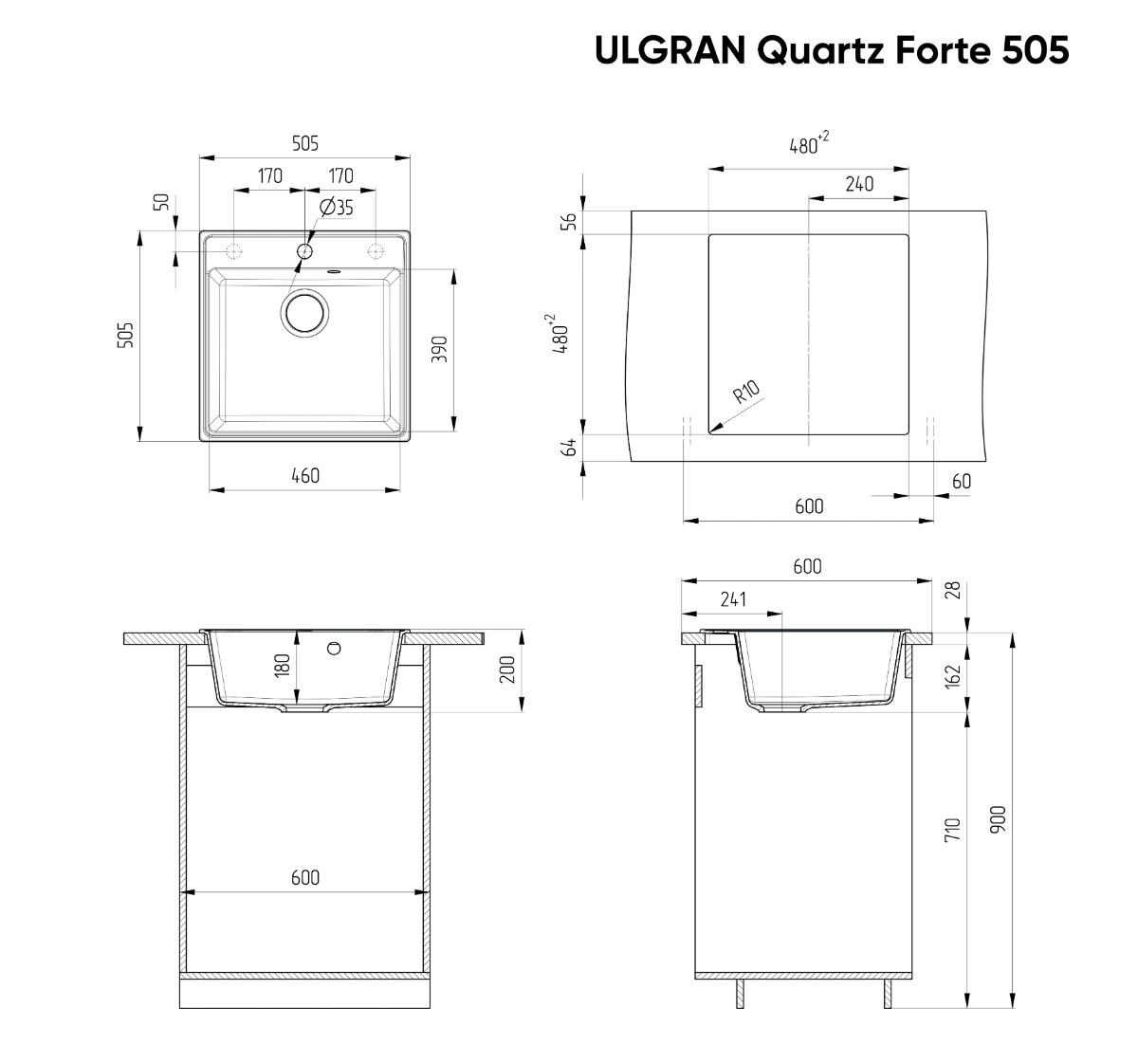 Кухонная мойка 50х46см жасмин ULGRAN Quartz 460-01