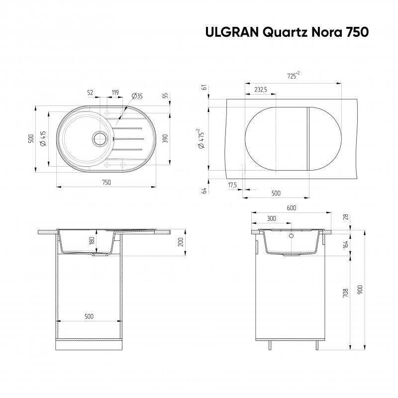 Кухонная мойка с крылом 75х50см трюфель ULGRAN Quartz 750-06
