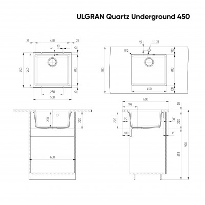 Кухонная мойка 50х45см десерт ULGRAN Quartz 450-03