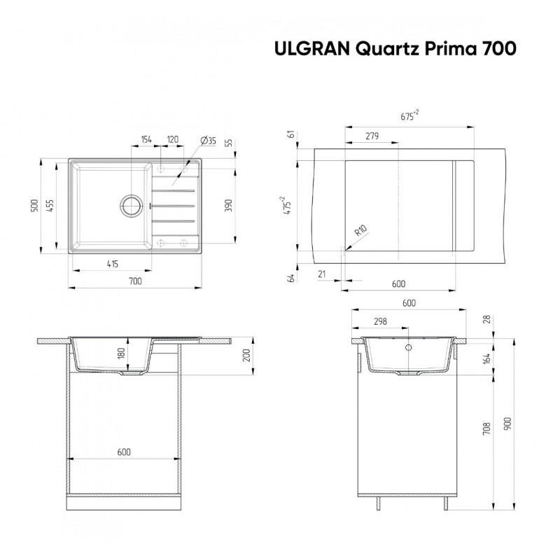 Кухонная мойка 70х50см лен ULGRAN Quartz 700-02