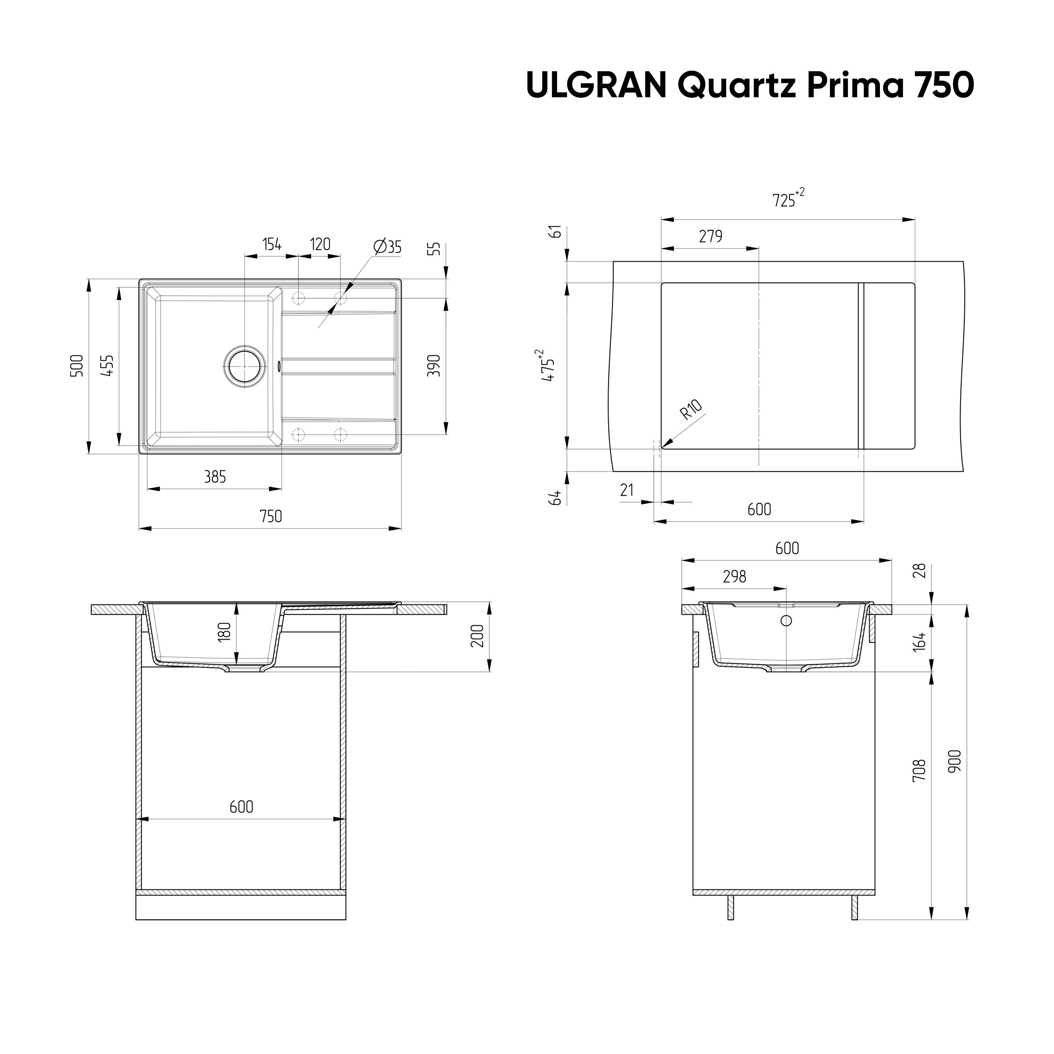 Кухонная мойка 75х50см жасмин ULGRAN Quartz 750-01