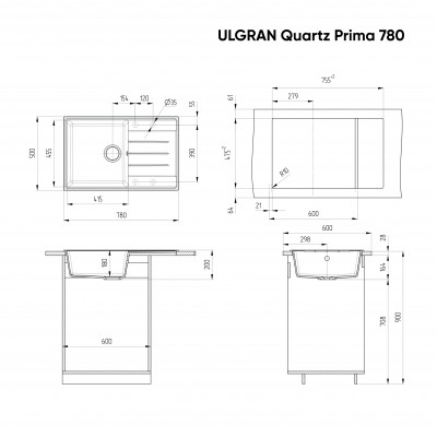 Кухонная мойка 78х50см уголь ULGRAN Quartz 780-07