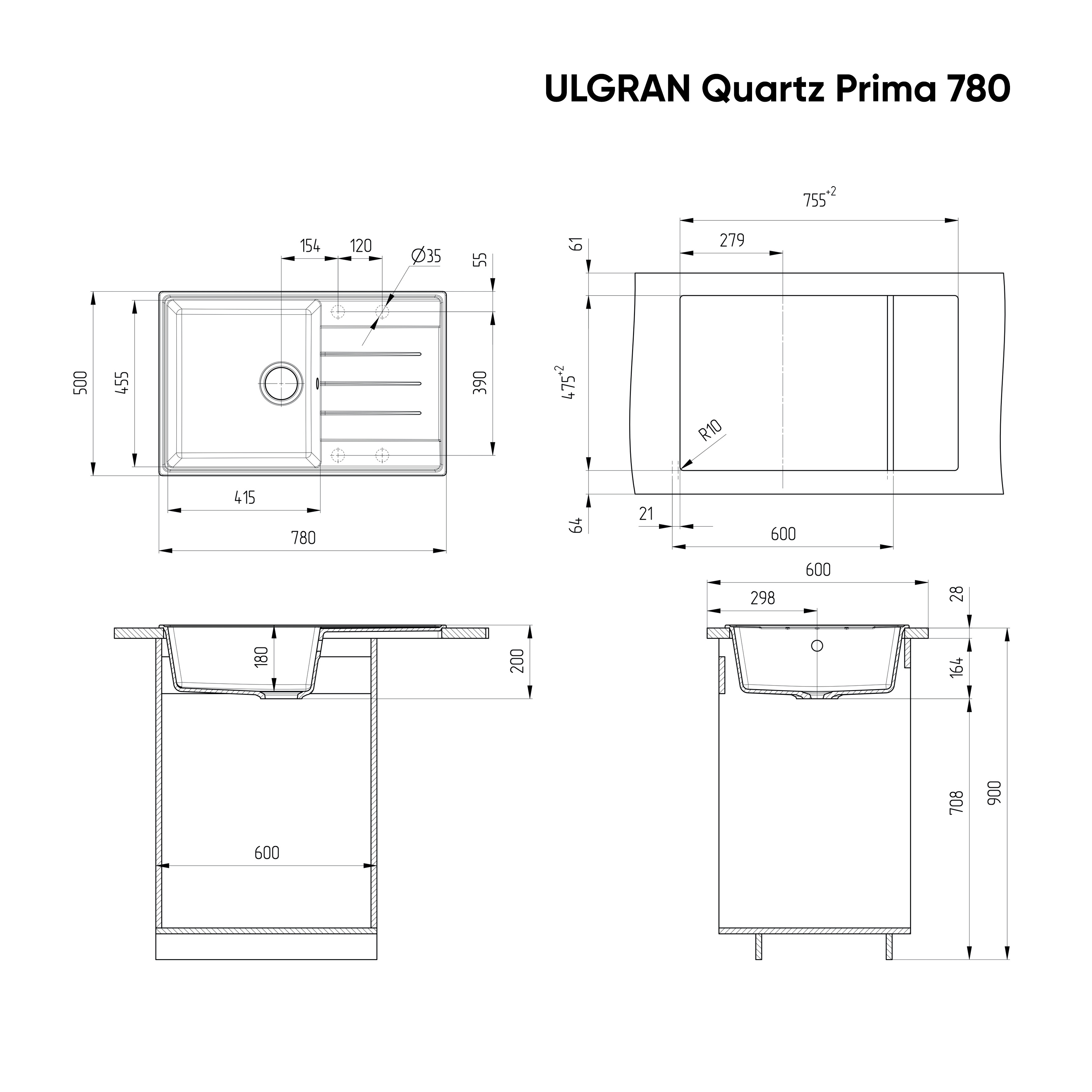Кухонная мойка 78х50см жасмин ULGRAN Quartz 780-01