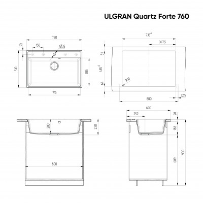 Кухонная мойка 76х51см уголь ULGRAN Quartz Forte 760-07