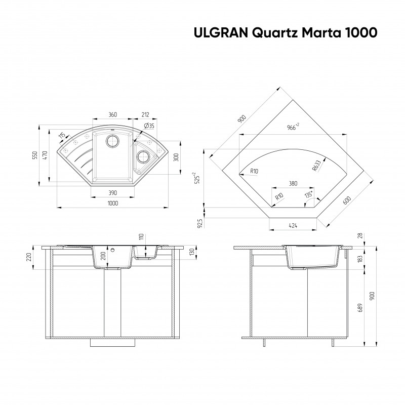 Кухонная мойка угловая двухсекционная 100х55см жасмин ULGRAN Quartz 1000-01