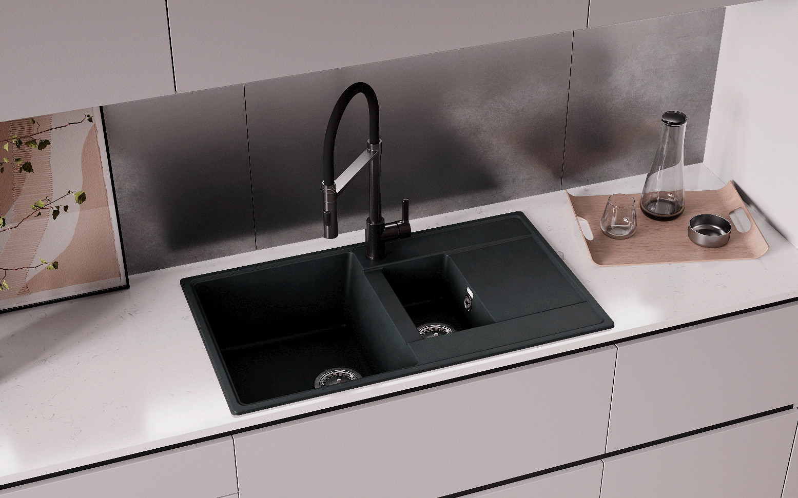 Кухонная мойка двухсекционная 86х50см асфальт ULGRAN Quartz Prima 860-09