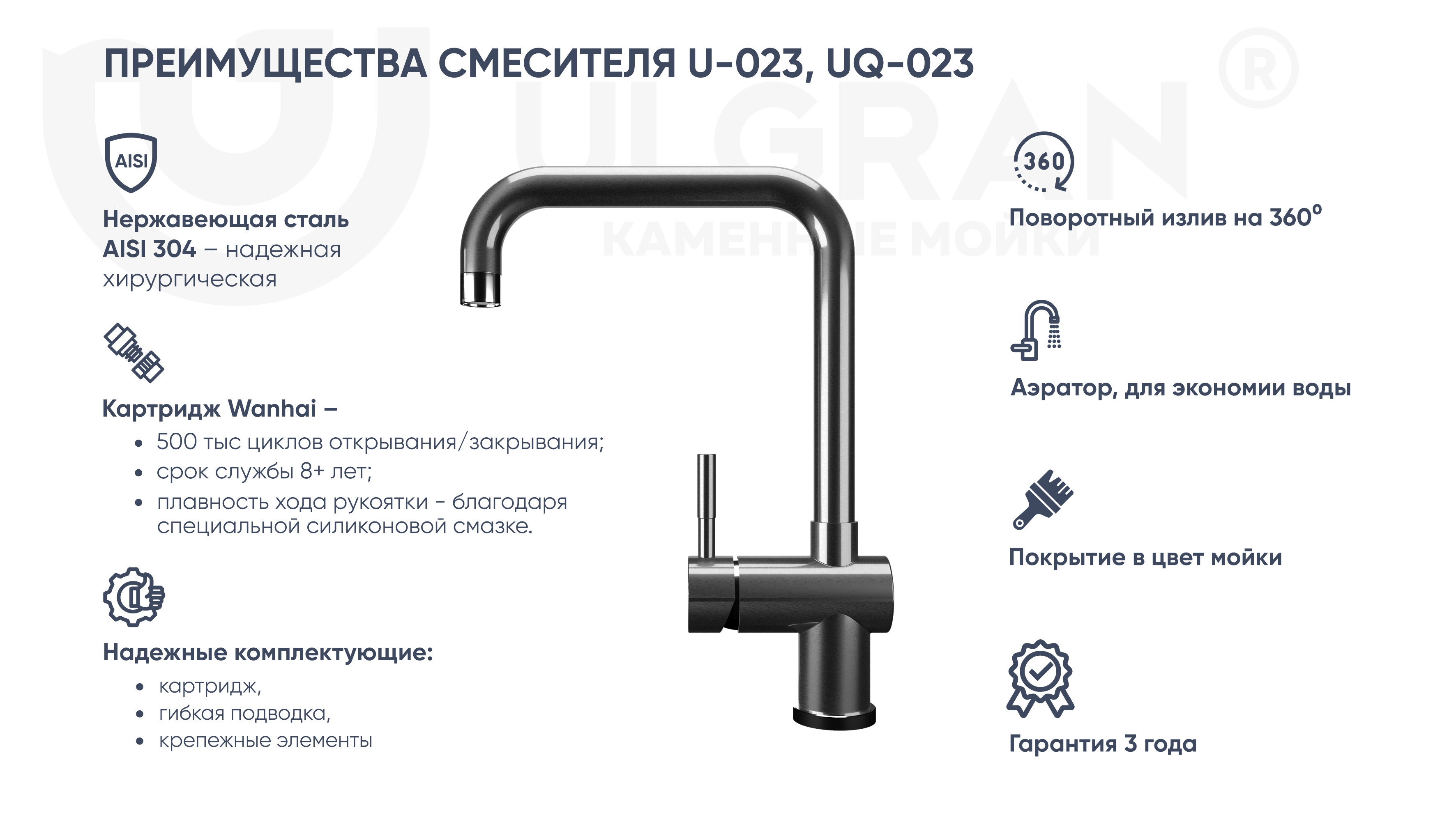 Смеситель для раковины серый Ulgran U-023-310