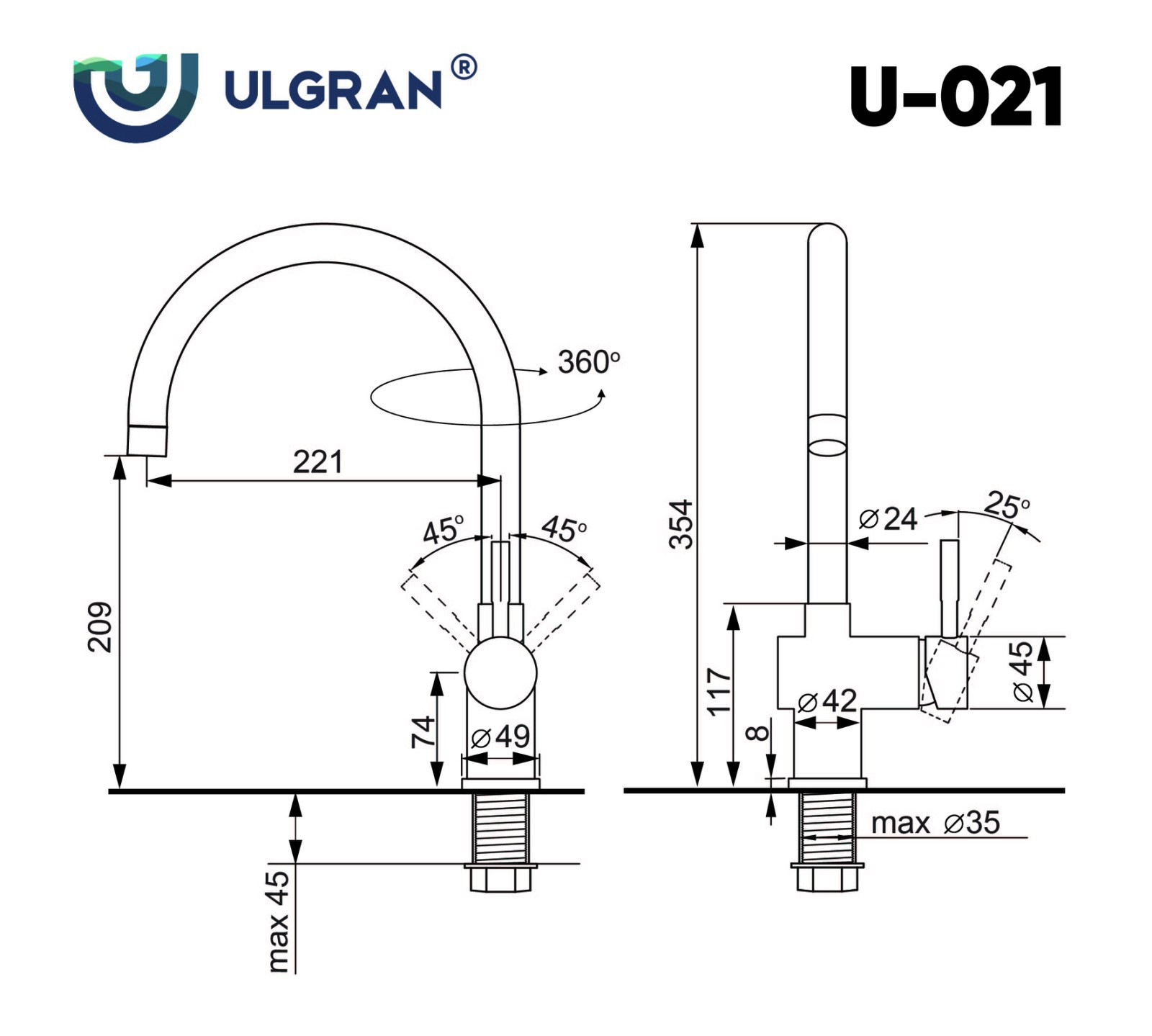 Смеситель для раковины нержавеющая сталь Ulgran U-021-304
