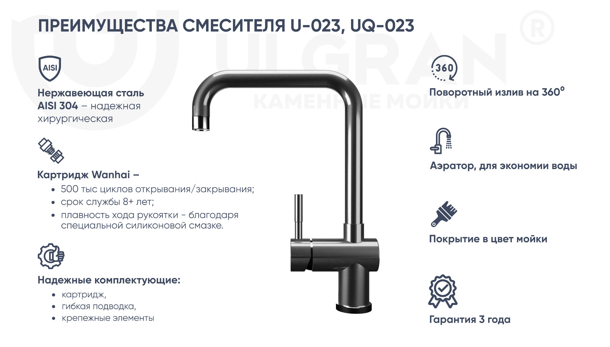 Смеситель для раковины уголь Ulgran Quartz UQ-023-07