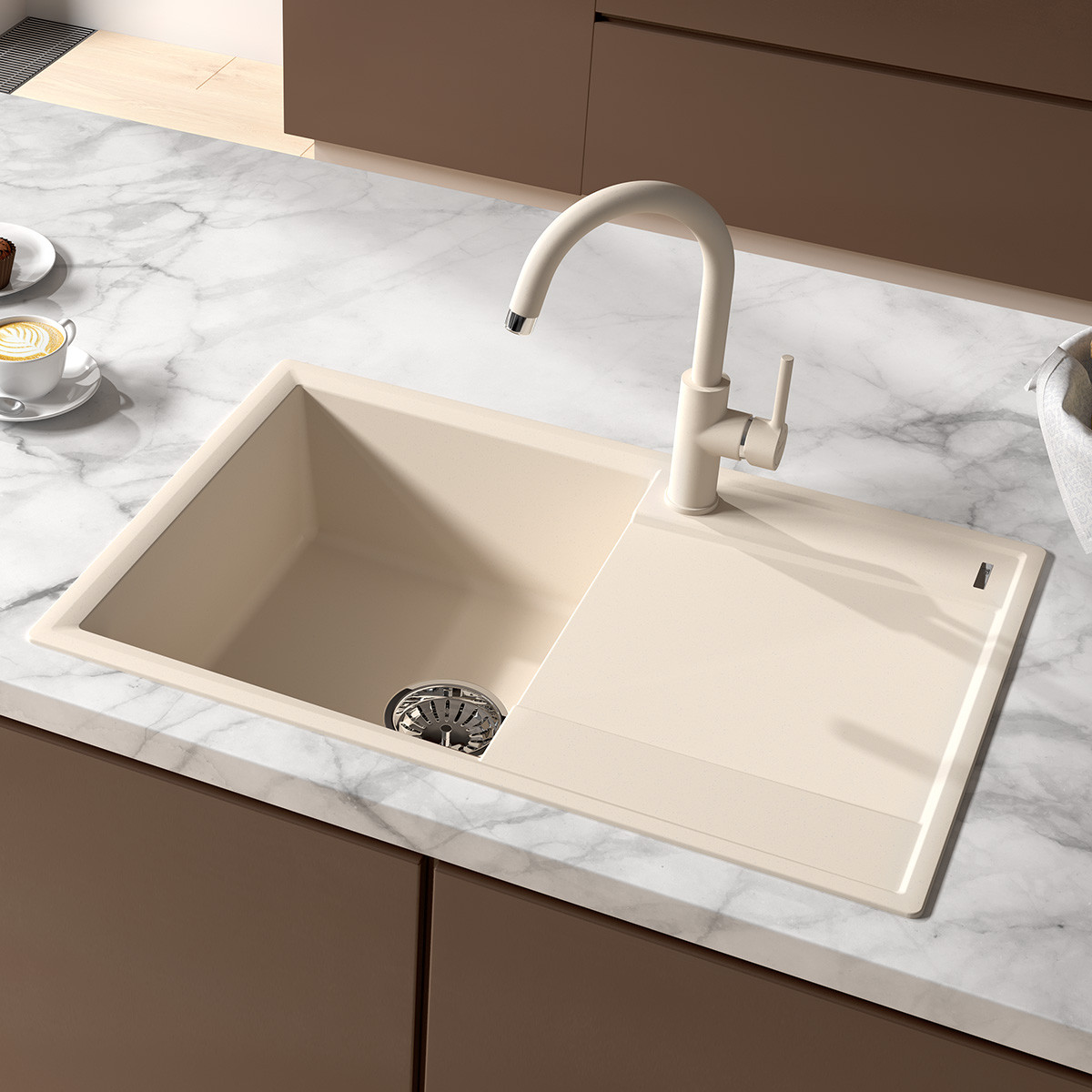 Кухонная мойка с крылом 76х50см бежевая Lemark Imandra 760