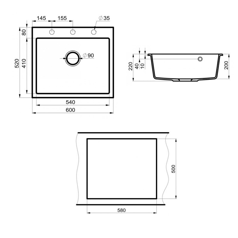 Кухонная мойка 60х52см черная Point Бинга PN3003B