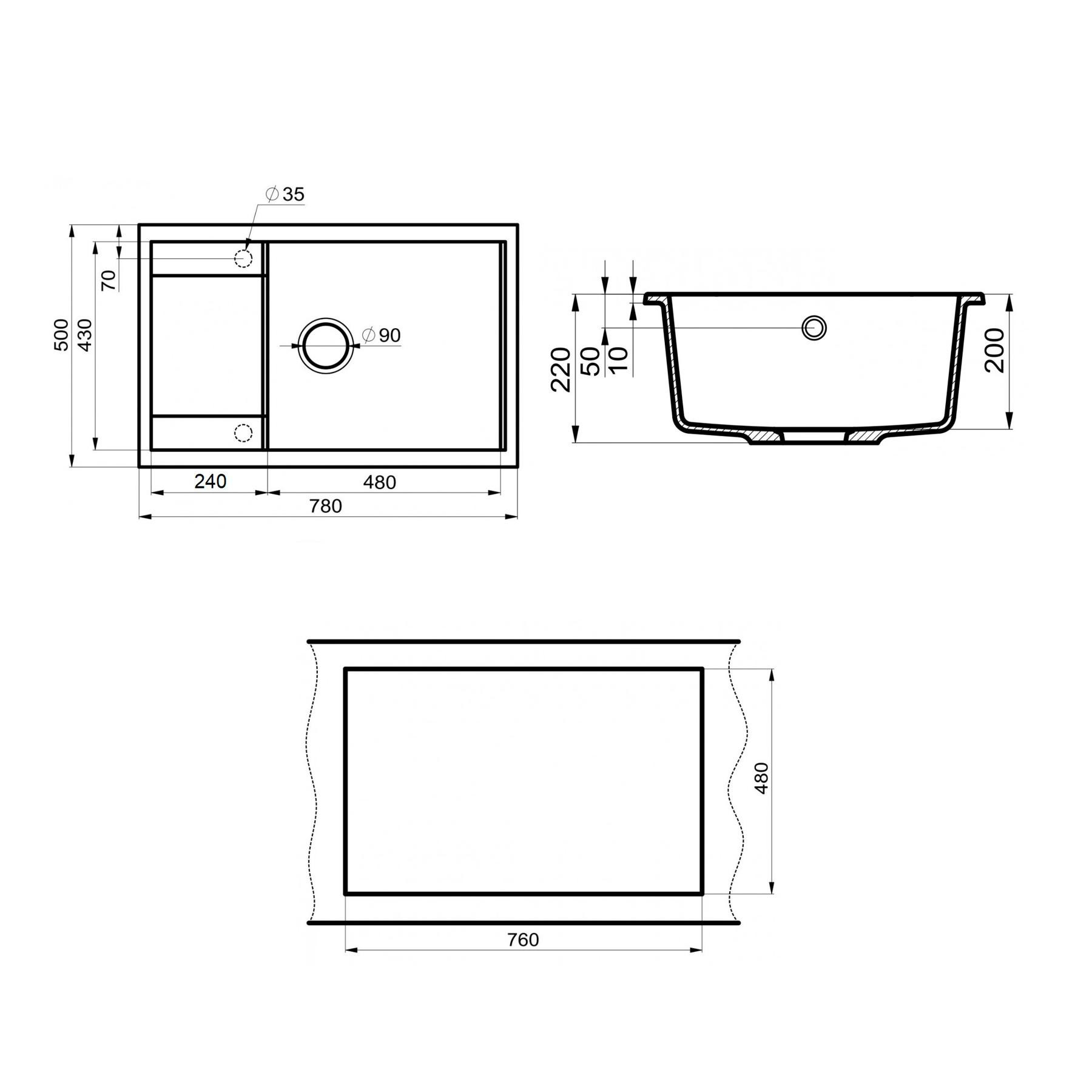 Кухонная мойка с крылом 78х50см черная Point Велета PN3002B
