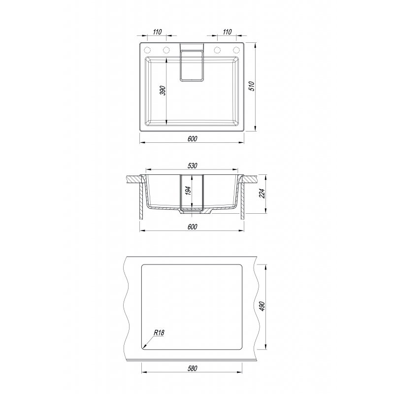 Кухонная мойка 60х51см антрацит Florentina РИВЬЕРА 20.490.D0600.302