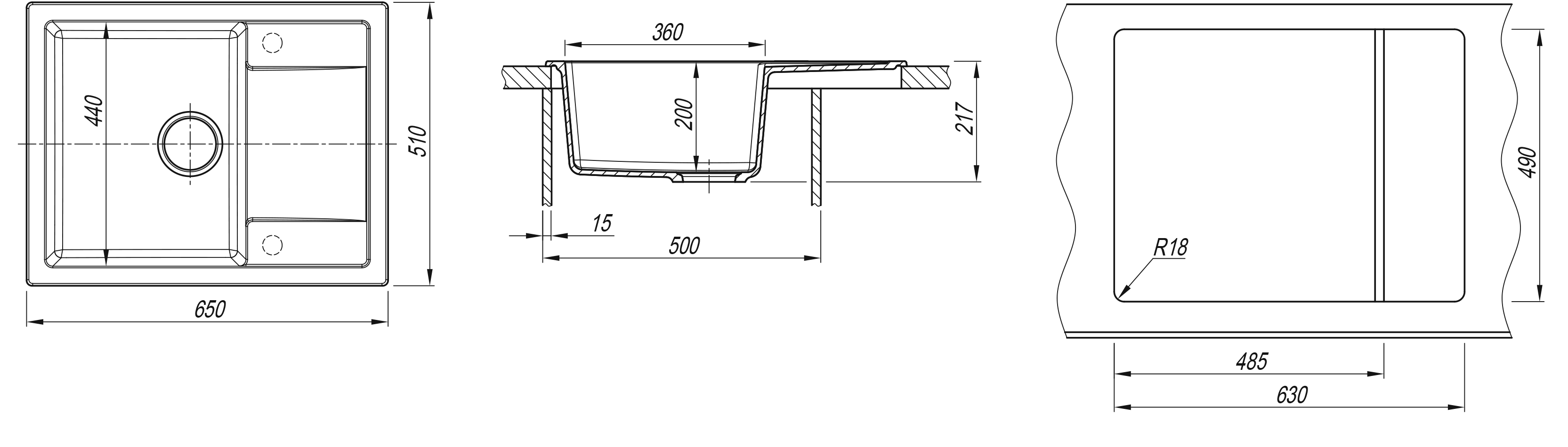 Кухонная мойка с крылом 65х51см базальт Dr.Gans ТЕХНО 25.030.C0650.409