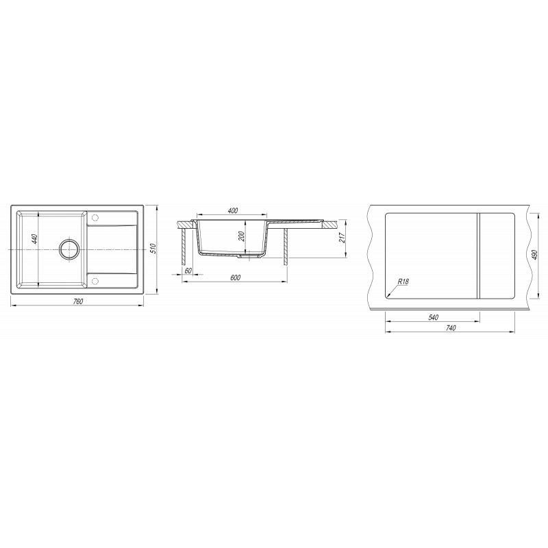 Кухонная мойка с крылом 76х51см везувий Dr.Gans ТЕХНО 25.030.D0760.410