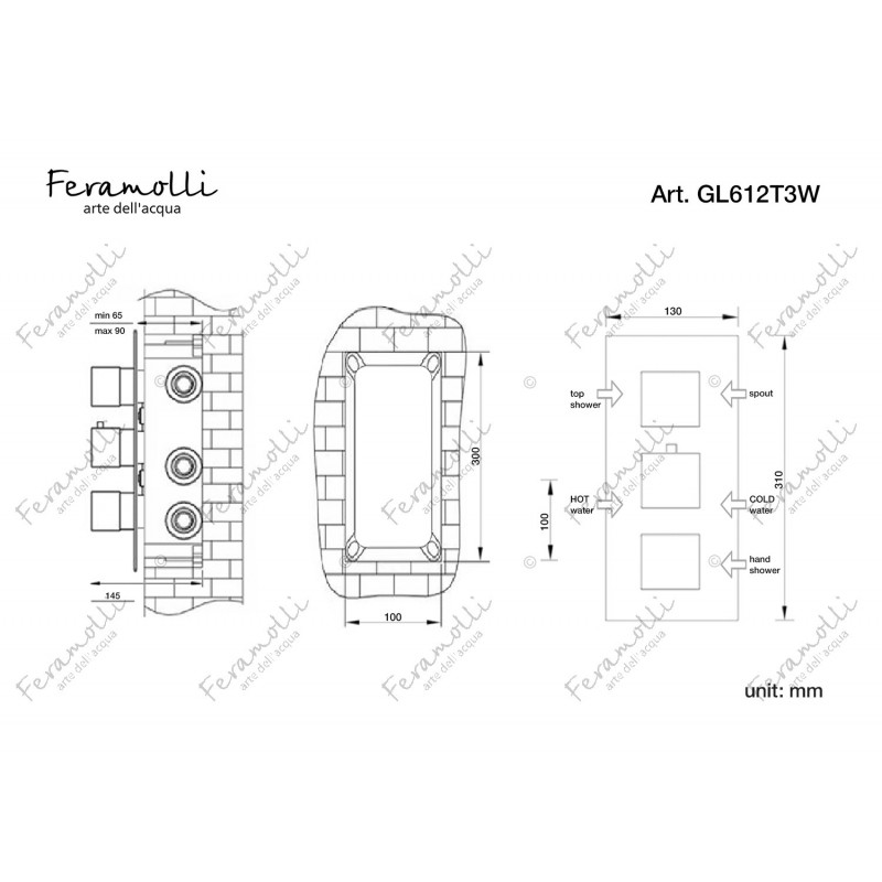 Смеситель для душа термостатический встраиваемый золото Feramolli GL612T3W