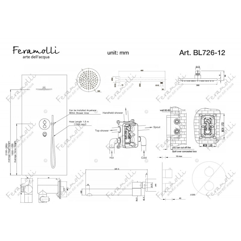 Комплект для душа с термостатом черный Feramolli BL726-12