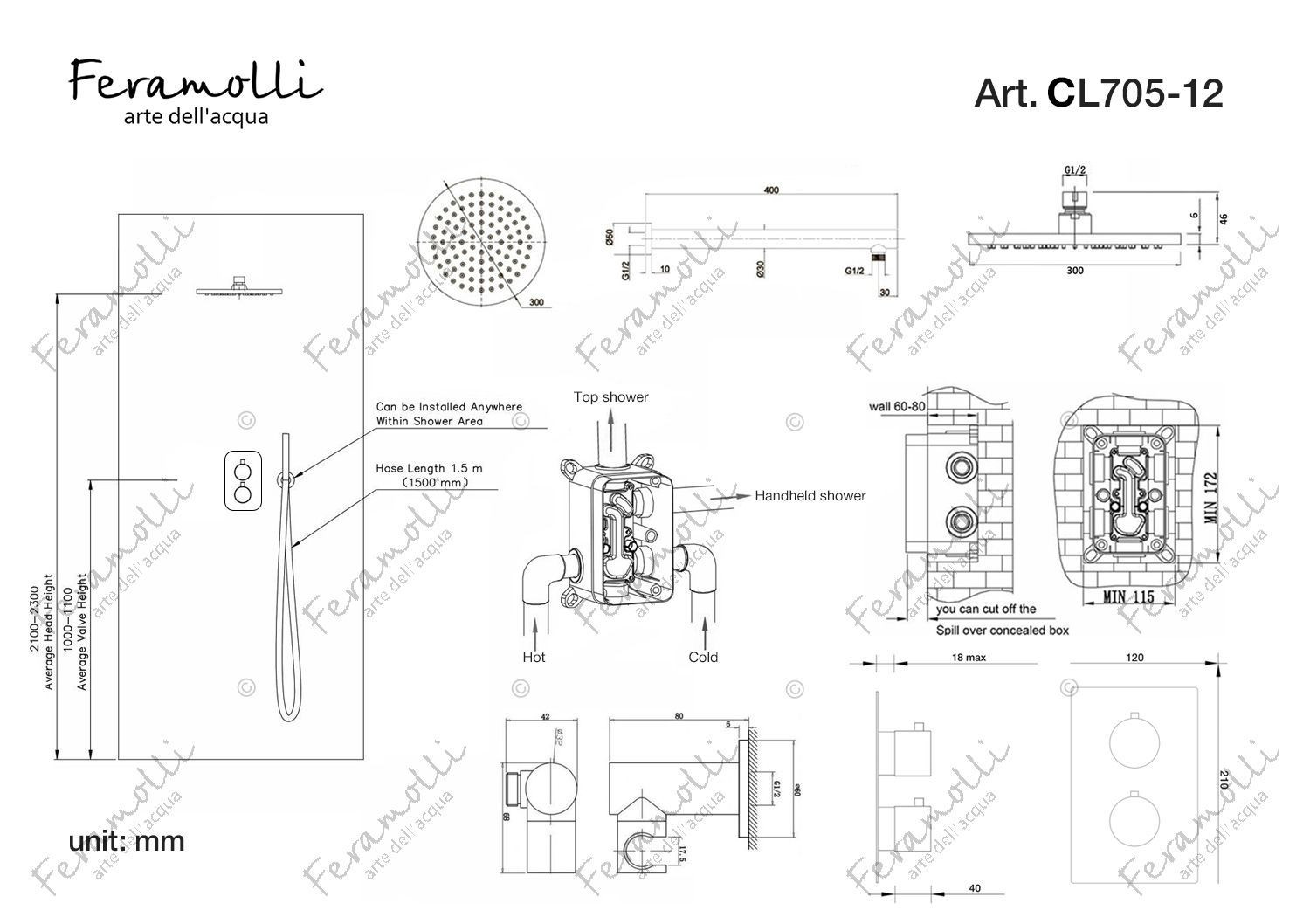Комплект для душа с термостатом хром Feramolli CL705-12