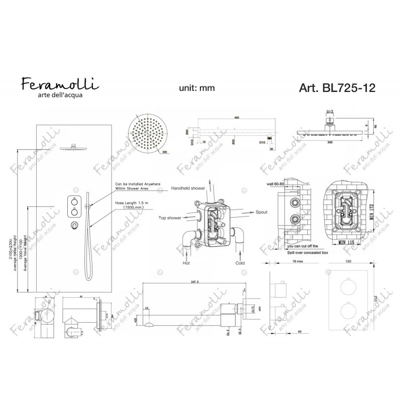 Комплект для душа с термостатом черный Feramolli BL725-12