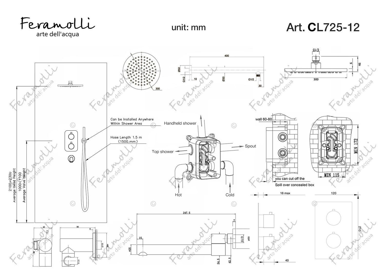 Комплект для душа с термостатом хром Feramolli CL725-12
