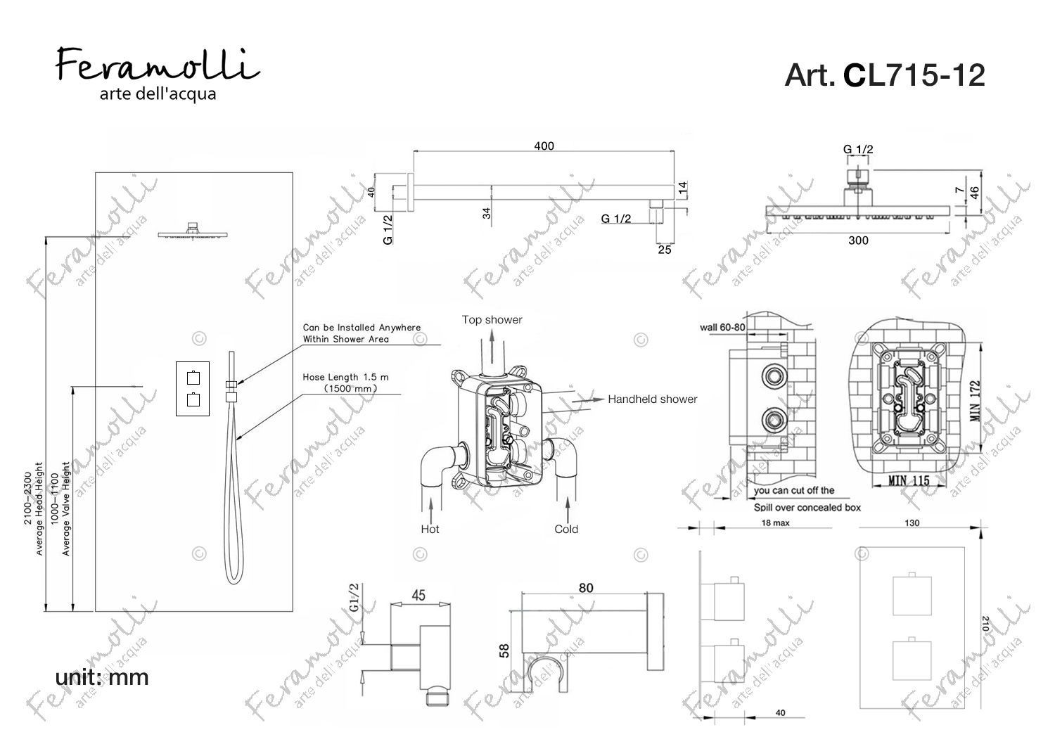Комплект для душа с термостатом хром Feramolli CL715-12