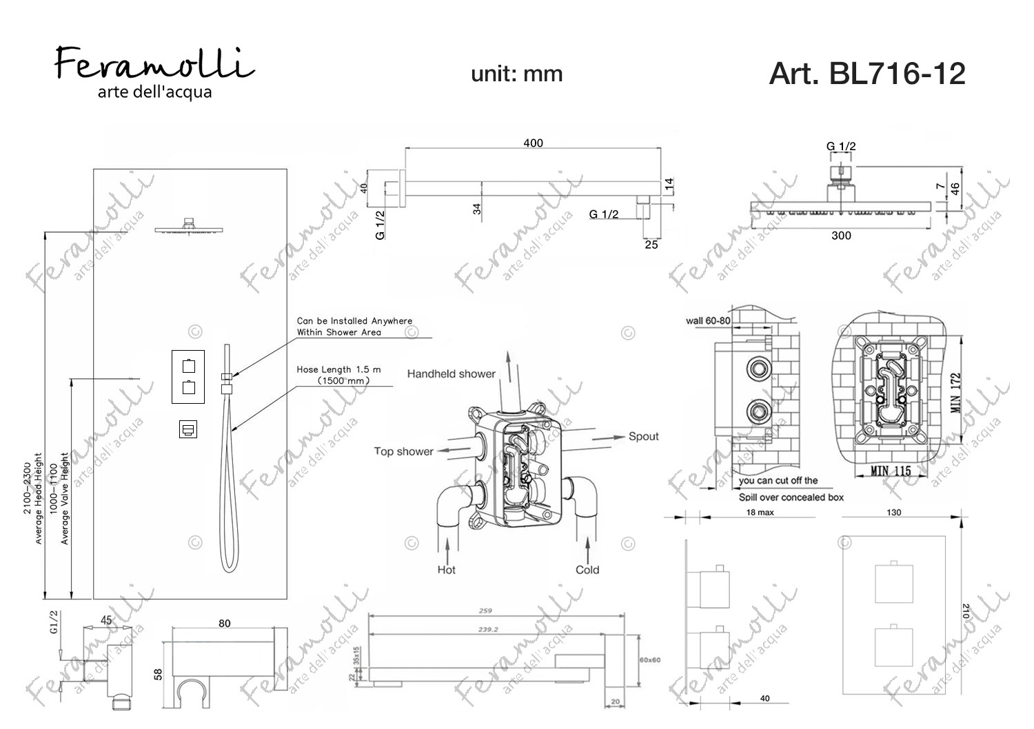 Комплект для душа с термостатом черный Feramolli BL716-12