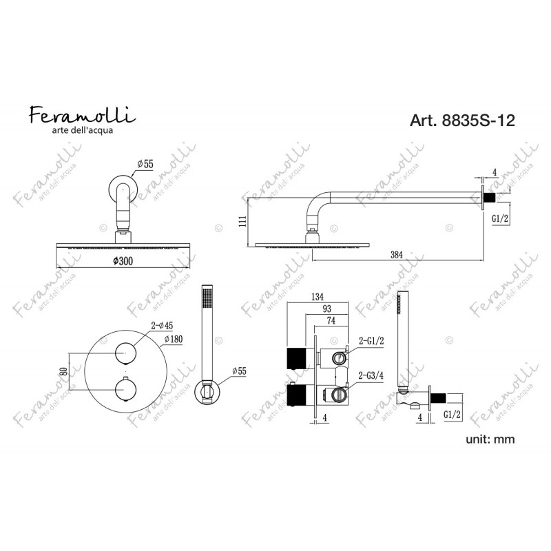 Комплект для душа с термостатом черный Feramolli NS8835S-12