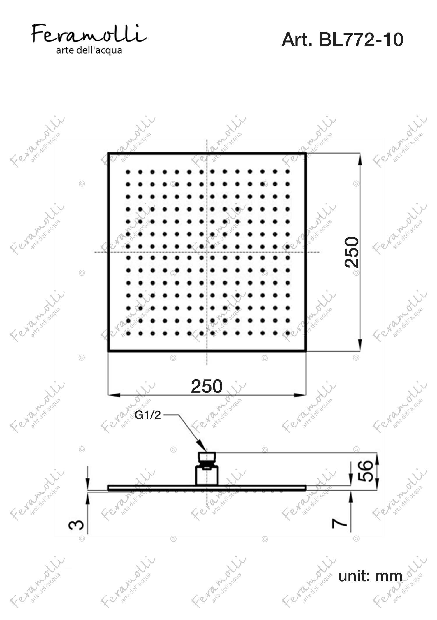 Верхний душ 25х25см черный Feramolli BL772-10