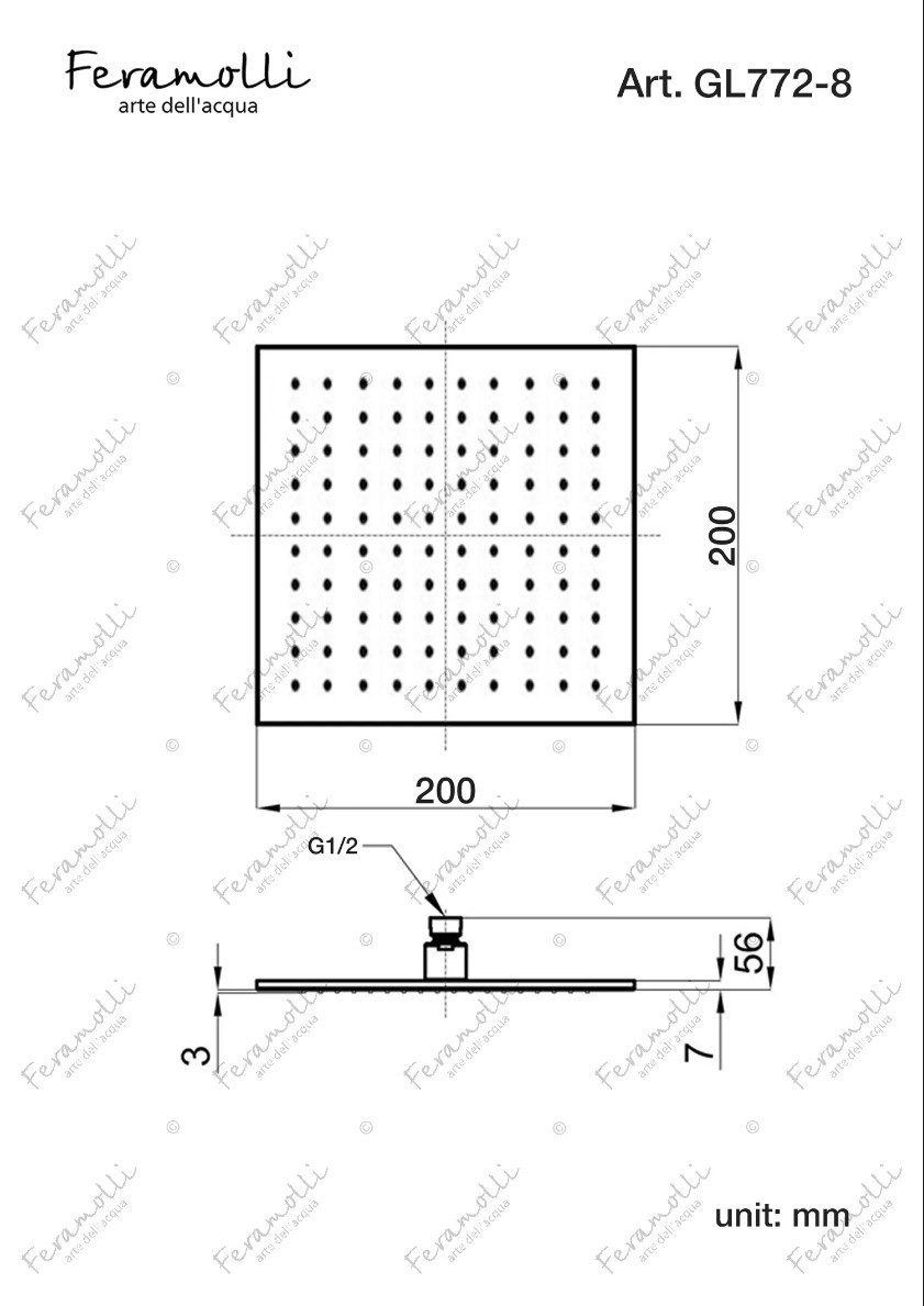 Верхний душ 20х20см золото Feramolli GL772-8
