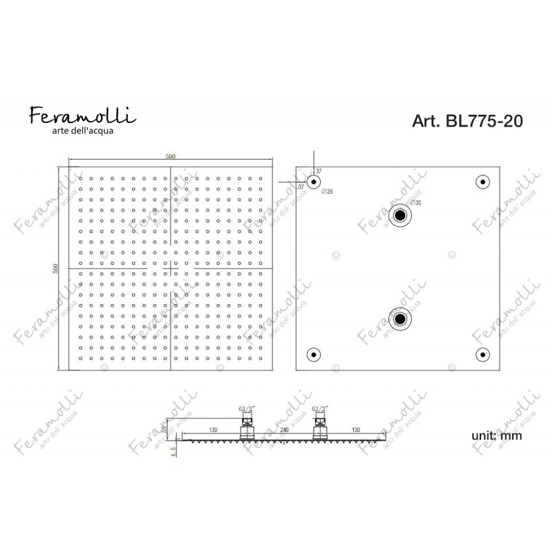 Верхний душ 50х50см черный Feramolli BL775-20
