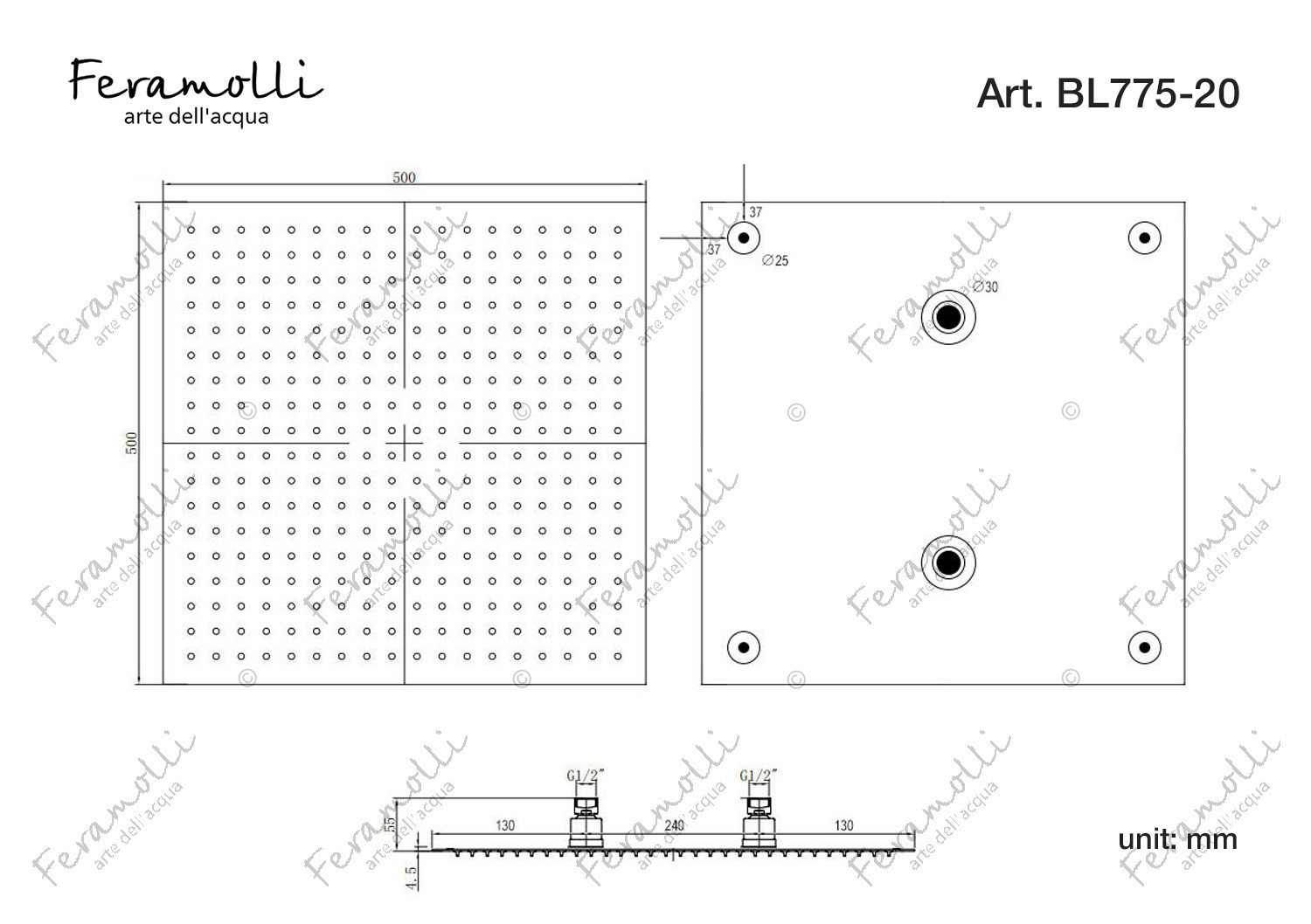 Верхний душ 50х50см черный Feramolli BL775-20