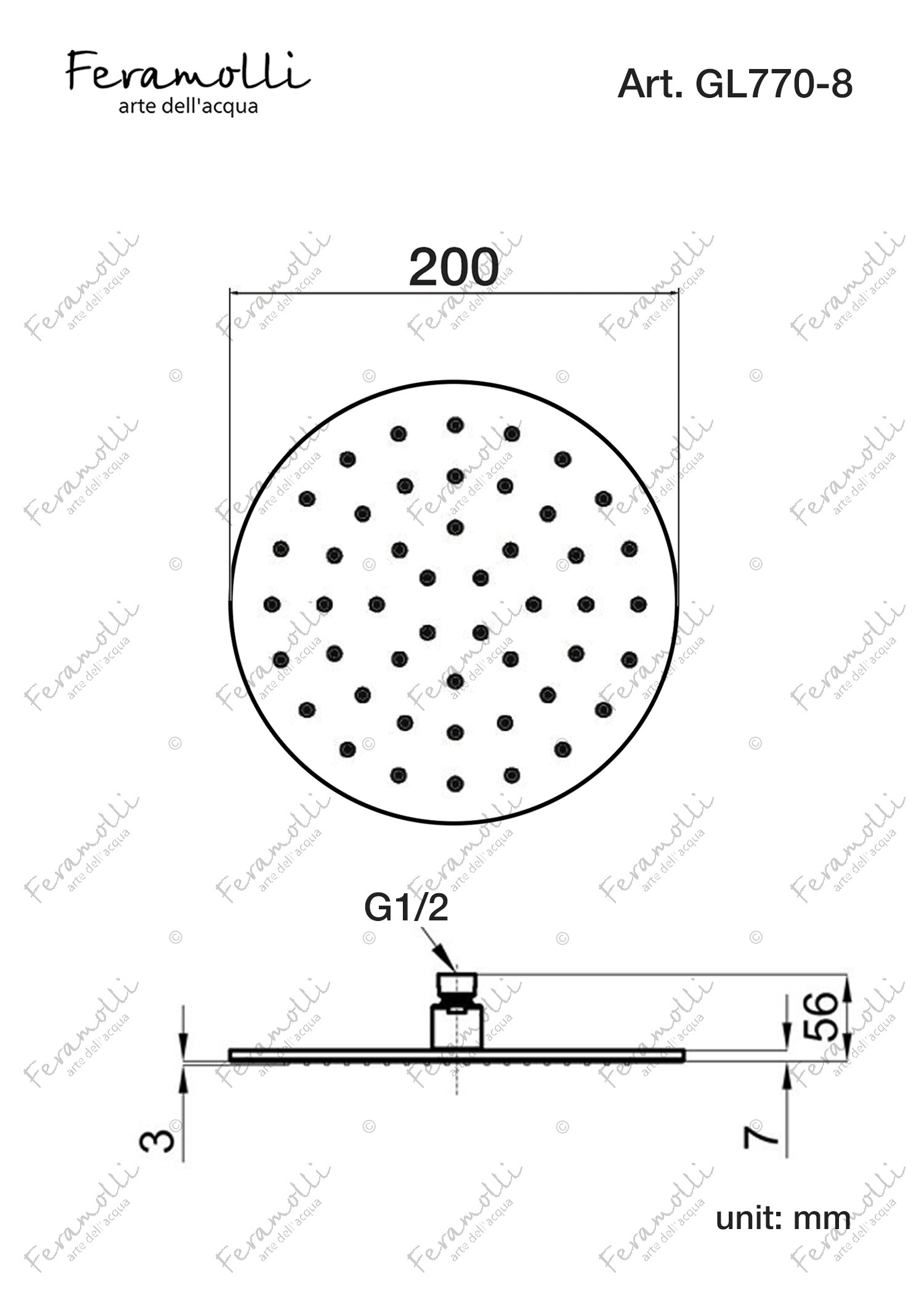Верхний душ 20см золото Feramolli GL770-8