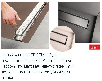 Комплект TECElinus для монтажа дренажного канала 2 в 1, с основой для плитки "tile" и панелью "steel", 600 мм, TECE 