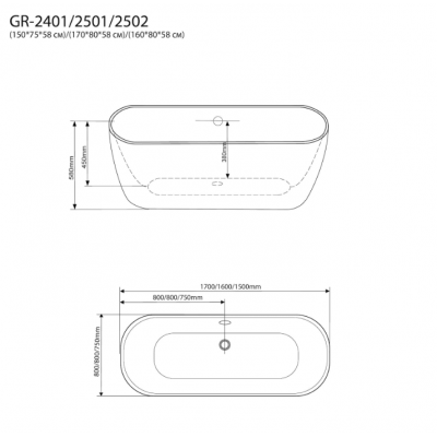 Ванна отдельностоящая 160x80x58 Grossman GR-2502M Black Classic