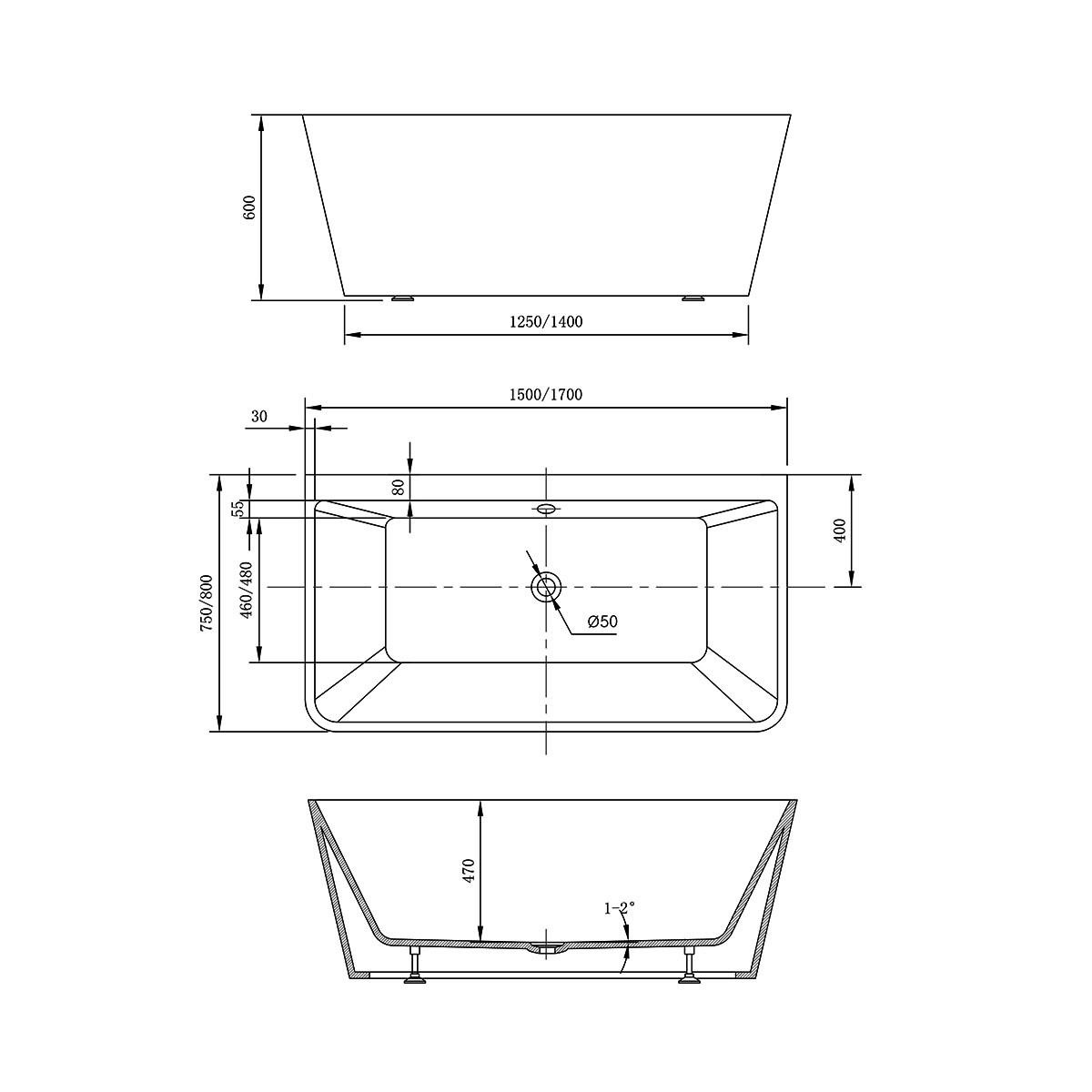 Акриловая ванна отдельностоящая 170х80см белая Vincea VBT-425-1700