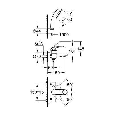 Смеситель однорычажный для ванны с душевым гарнитуром, Europlus, Grohe