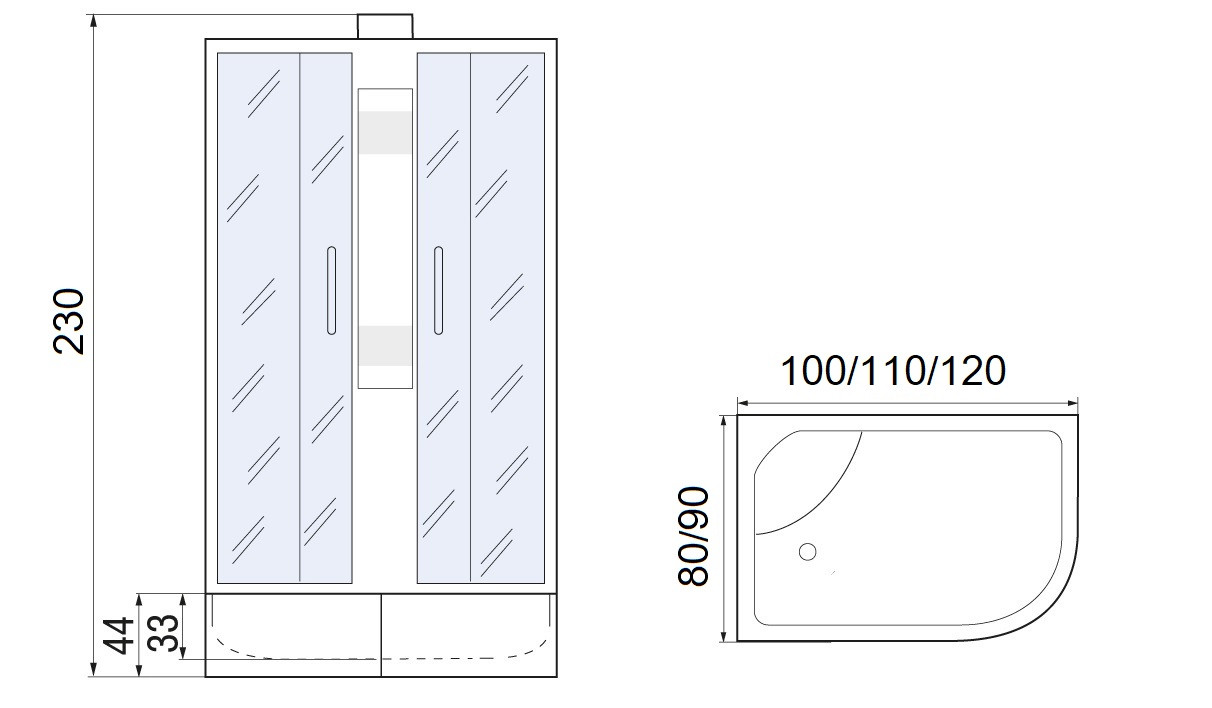 Душевая кабина без крыши 110x80x230см профиль хром матовый стекло с узором МОНОМАХ XL Б/К 110/80/44 МЗ R