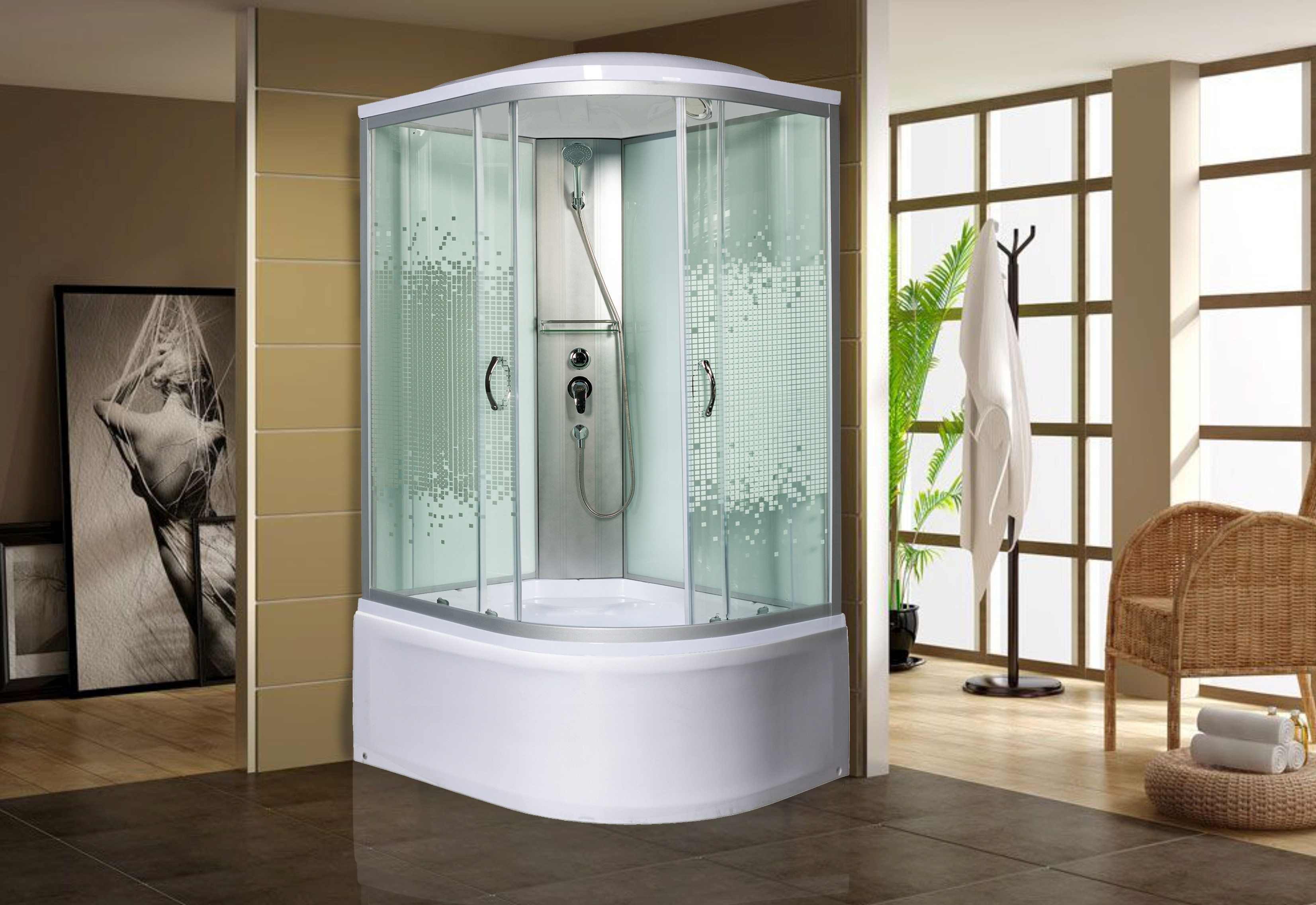 Душевая кабина 120x90x230см профиль хром матовый стекло с узором МОНОМАХ XL 120/90/44 МЗ L
