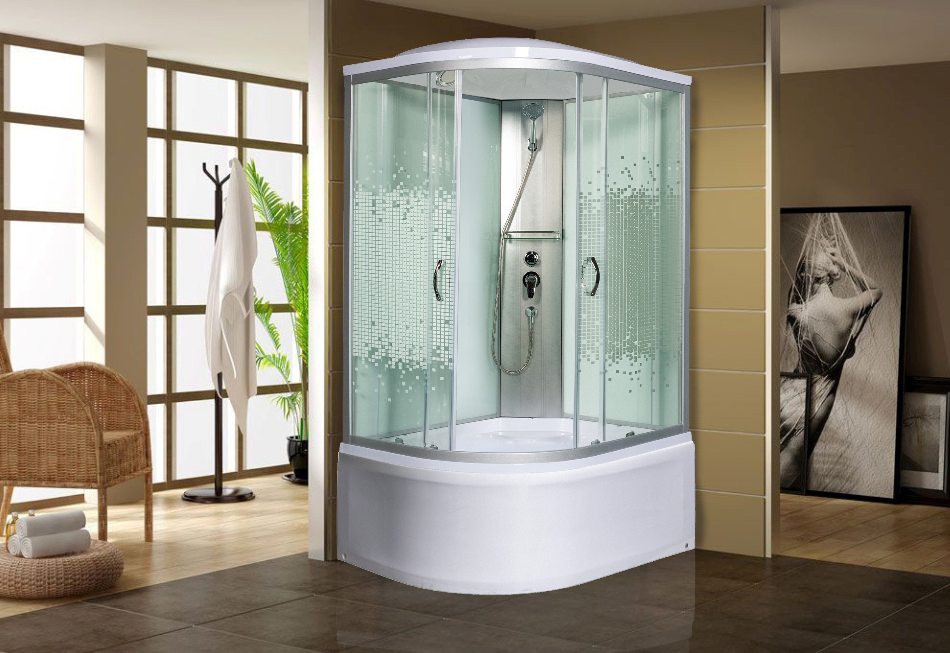 Душевая кабина 120x90x230см профиль хром матовый стекло с узором МОНОМАХ XL 120/90/44 МЗ R
