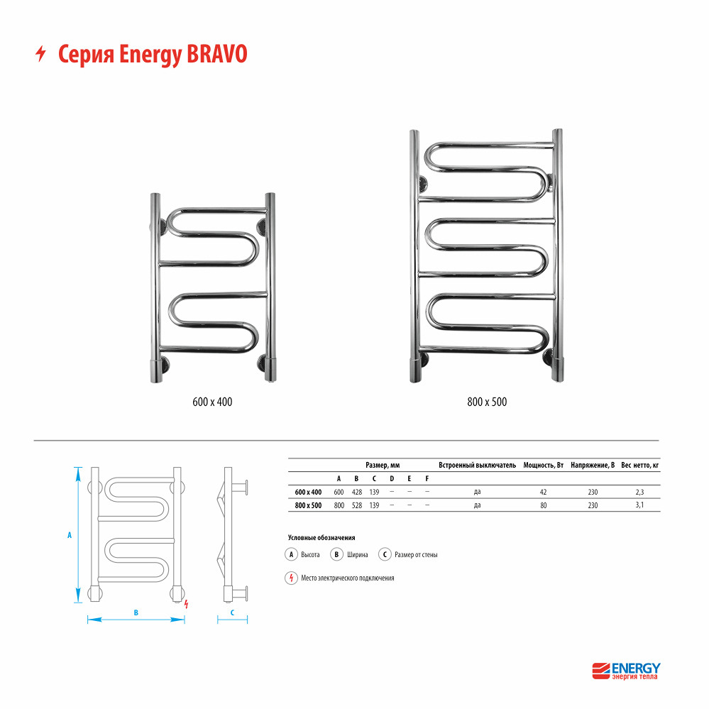 Полотенцесушитель электрический 40х60см хром Energy Bravo EETRBRAVO0604000000