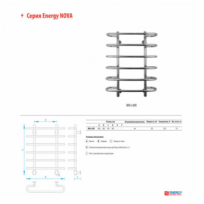 Полотенцесушитель электрический 60х80см хром Energy Nova EETR0NOVA0806000000